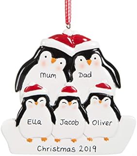 Personalised Penguin Christmas Decoration For Family of Five Bauble Xmas Ornament Keepsake Plaque any Names Customised