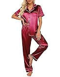 Ekouaer Silk Satin Pajamas Set Women Short Sleeve Sleepwear Soft Button Down Loungewear Pjs Set Wine Red Medium