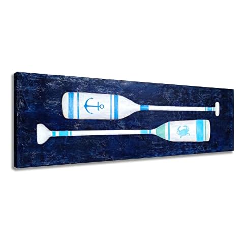 Yihui Arts Coastal Canvas Wall Art - Navy Blue and White Oar Painting for Bedroom Bathroom Decor Cover