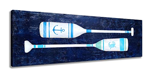 Yihui Arts Coastal Canvas Wall Art - Navy Blue And White Oar Painting For Bedroom Bathroom Decor #TOP11