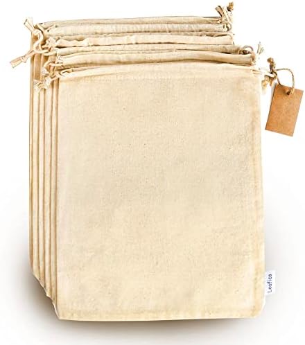 Cotton Storage Bags with Drawstrings X-Large 14x17 Multipurpose 6 Pcs - Canvas Fabric Bread Bags - Bulk Food Produce - Reusable Muslin bags - Natural Cotton Potato Onion Storage Bags - Cloth Shoe Bags by Leafico