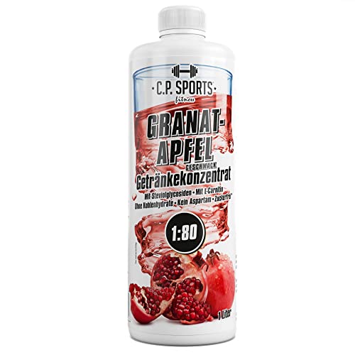 C.P. Sports Konzentrat zuckerfrei 1:80 (ca. 80 Liter Fertiggetränk) + Dosierpumpe – Getränkekonzentrat Getränkesirup Fitness Sport Getränk – L-Carnitin & Vitamine – 1 Liter Granatapfel
