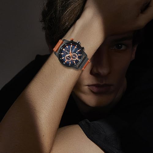 Image of FANMIS Mens Sport Military Analog Quartz Watch Chronograph Classic Casual Business Dress Waterproof Watch Multifunctional Wristwatch with Leather Strap