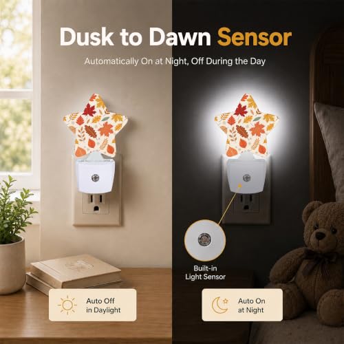 Image of Star Night Light Plug in, Maple Leaves Dusk to Dawn Sensor Night Light, Soft Glow Lamp for Kids Bedroom Nursery Hallway Bathroom, Energy Saving Compact Design