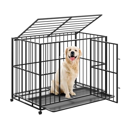 42 Inch Dog Crate for Medium Sized Dogs, Heavy Duty Stainless Steel Dog Kennel Indoor Escape Proof with Wheels and Removable Tray, Indestructible Dog