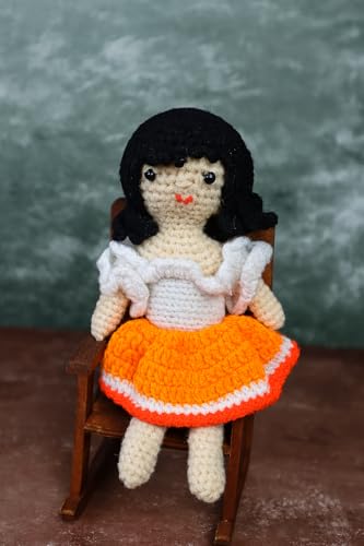 Image of Sutra Handmade Crochet Doll in Orange & White Dress | Wool Amigurumi Soft Toy | Handmade Gift for Kids, Nursery & Home Decor
