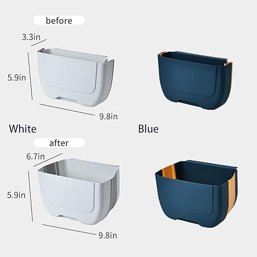Miniatura 3 de Pequeño cubo de basura plegable de plástico para colgar con tres rollos de bolsas de basura para cocina, gabinete, dormitorio, baño, 3 L (azul)