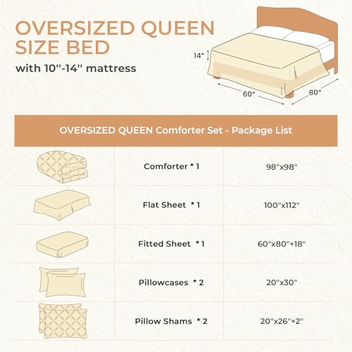Image of Sasttie Oversized Queen Comforter Set, 7-Piece Bed in a Bag, Pintuck Bedding Sets for All Season, Includes Comforter, Flat Sheet, Fitted Sheet, Pillowcases and Pillowshams, Beige