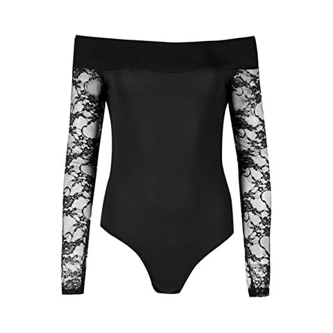 FashionClothing Womens Ladies Floral Lace Long Sleeves Off Shoulder Bardot Top Bodysuit Leotard Black Cover