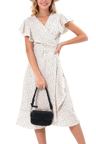 Image of Women's Summer Wrap Maxi Dress Casual Boho Floral V Neck Short Sleeve Ruffle Hem Split Beach Long Dresses