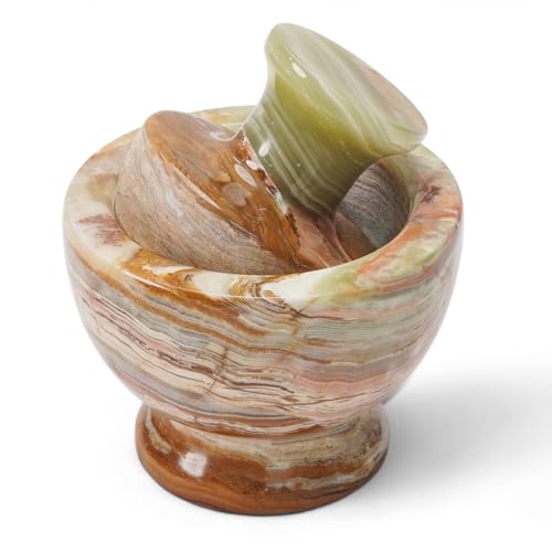 Marblous Krafts Mortier et pilon en marbre de 8,9 cm en onyx vert, broyeur à herbes pour mortier et pilon de cuisine, tous les broyeurs à épices manuels –...