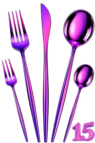 Image of Slim Handle Pink 15 Pcs Stainless Steel Cutlery Set for Dining Table, Dishwasher Safe Glossy Flatware (3 Spoon Set+3 Forks Set+3 Butter Knife+3 Dessert Spoon+ 3 Fruit Fork)