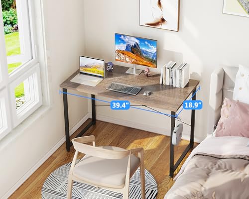 Image of Casaottima 40 Inch Small Computer Desk for Home Office, Study Writing Table for Small Spaces, Simple Modern Desk with Headphone Hooks, Grey Oak