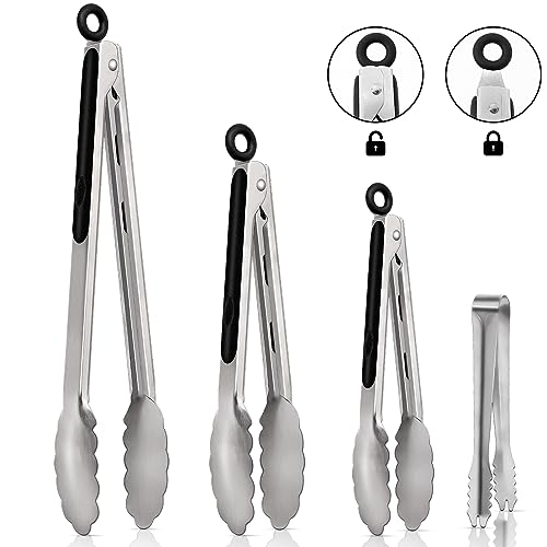 Pince Cuisine Inox avec 4 Tailles, Pinces pour Barbecue, Alimentaire Pince de Cuisine avec Poignées Caoutchoutées, Pinc Cuisin pour Cuisiner Griller et Cuire