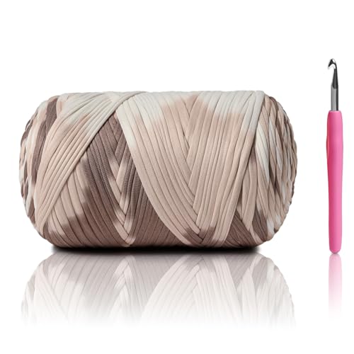Image of 800G(228YDS) Tshirt Yarn for Crocheting,Chunky T-Shirt Yarn for Beginner Crochet Bags,Baskets,Coasters,Shoes,Clothes,DIY Crafts, Elastic Fabric Thick Hand Knitting Crochet Yarns (White Coffee)