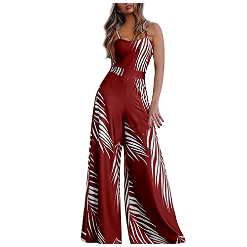 Ansenesna Jumpsuit Damen Sommer Lang Elegant Weites Bein Overall Frauen Träger Rückenfrei Playsuit Blumen Punkte Hosenanzug (A Rot,L)