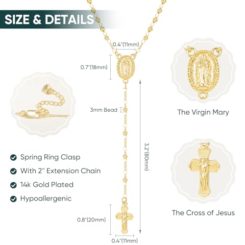 Virgin Mary Necklace for Women - 14K Gold Plated Rosary Bead Cross Necklace, Adjustable Gold Y Chain Crucifix Necklace, Religious Catholic Prayer Beads Jewelry for Women4