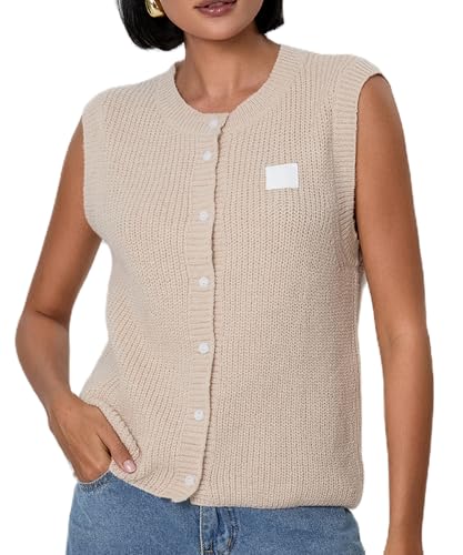 Image of Women Chunky Button Sweater Vest Sleeveless Round Neck Rib Knitted Tank Top Y2k Knitted Cardigan Vest Shirt