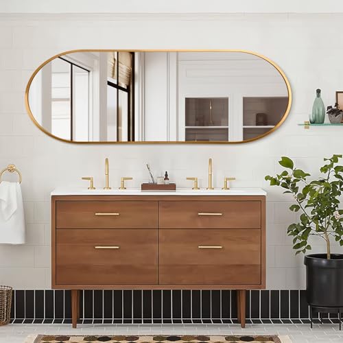 HLFMVWE Gold Oval Bathroom Wall Mirror Full Length Mirror for Wall, Metal Aluminum Frame Wall-Mounted Mirrors 48"x16" Pill Shaped Oblong Vanity Mirror for Bathroom Vanity Living Room Entryway Decor by HLFMVWE - Used condition - Image 3