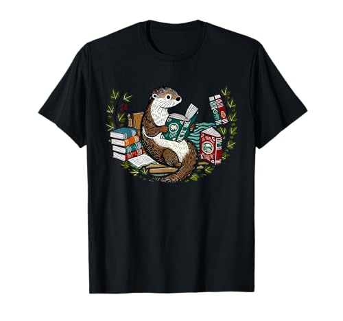 Cute Otter Reading Book Flower Bookworm Bookish Librarian T-Shirt