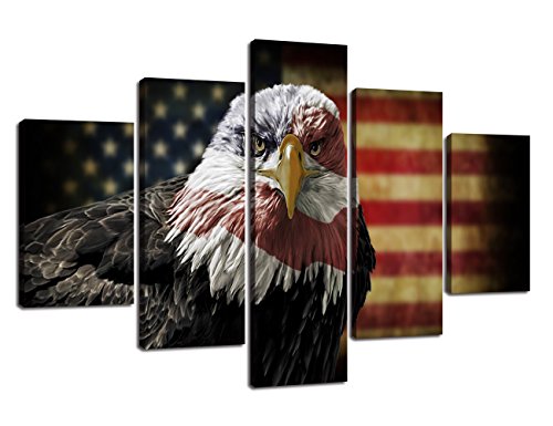 Large Wall Art Picture Eagle American Flag Canvas Painting 5 Piece Rustic Usa Flag Posters Patriotic Military Print Artwork Home Decor For Living Room Bedroom Office Framed Ready To Hang (60''Wx40''H) #TOP9
