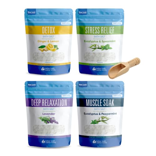 Bath Salts Sampler (4-Pack of 2-lbs) Variety Bath Soaks with Bamboo Scoop