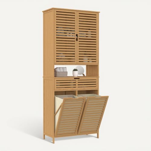 Meuble armoire colonne salle de bain bambou BEA 4 portes avec 2 paniers à linge amovibles 1 tiroir - vue 8