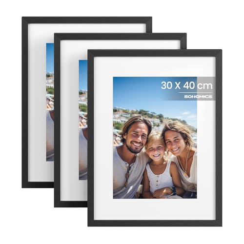 SONGMICS Cornici Foto 30 x 40 cm, Portafoto da Parete, in Pannello MDF, con Chiodi senza Traccia, Set di 3, Nero RPF057BZ01