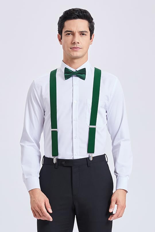 Image of HISDERN Bow Tie and Suspenders for Men Elastic X-Back Suspender and Bowtie Set Adjustable Braces for Wedding Tuxedo