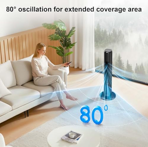 Image of Antarctic Star Portable Tower Fan 80 Rotating for Bedroom, 12 Hour Timer, 6 Speeds 4 Modes, LED Display, Powerful for Home /Office /Bedroom, 94 cm, Black