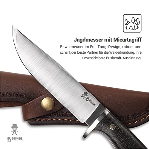 Foto von BEEK Jagdmesser Feststehende Klinge D2 Stahl Micarta Griff, Outdoor Messer, Bowiemesser mit Lederscheide, 13.5cm Klinge Scharfes Survival Messer, Überlebensmesser, Bushcraft Messer, Camping Messer