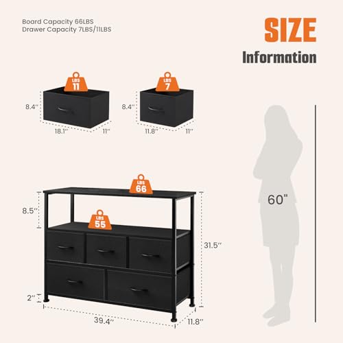TV Stand with 5 Fabric Drawers, Dresser for Bedroom Entertainment Center for 45 inch TV Storage Organizer with Open Shelf, Wooden Media Console Table for Living Room, Bedroom, or Small Space, Black - Image 4