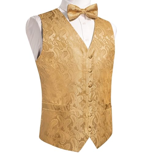 Image of DiBanGu Mens Paisley Suit Waistcoat,Silk Dress Vest and Bowtie Pocket Square Cufflinks with Lapel Pin Set for Wedding Tuxedo