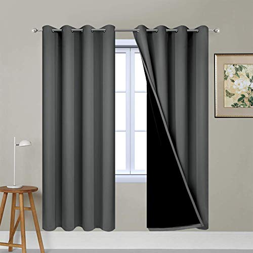 Image of Yakamok 100% Blackout Curtains 72 Inches Long, 2 Thick Layers Thermal Insulated Window Treatment for Bedroom, Heat and Full Light Blocking Drapes with Black Liner (52Wx72L,Dark Grey,2 Panels)