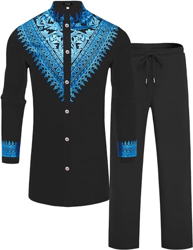 ZSJR Mens African 2 Piece Set African Outfit African Dashiki for Men African Men Outfit Dashiki Shirt for Men Big and Tall Black Panther Costume African Shirts for Men African 2 Piece for Men Suit