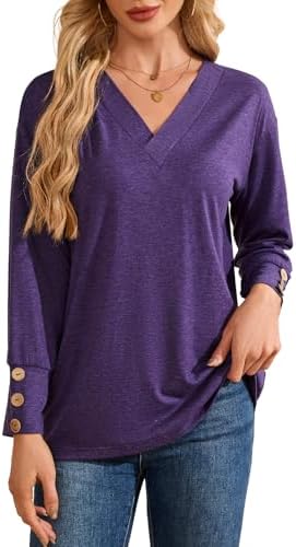 Women's Long Sleeve Shirts Loose Fit Blouses Casual V Neck Tops Women Work Basic Tees Business Fall Outfits 2025