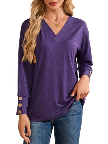Women's Long Sleeve Shirts Loose Fit Blouses Casual V Neck Tops Tunic Plus Work Basic Tees Business Fall Outfits 2025