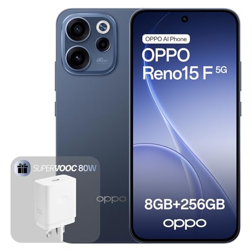 OPPO Reno15 F 5G Unlocked Smartphone 8+256GB 50MP FOV 100 Ultra-Wide Selfie Camera 6.57 120Hz Display AI Portrait Glow 6500mAh Battery IP69 Twilight Blue (Include 80W SUPERVOOC Charger)