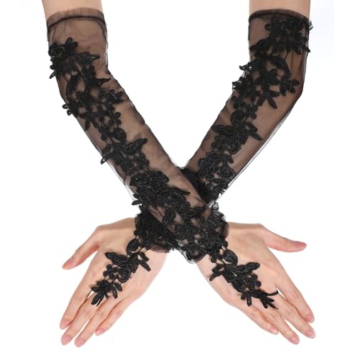 1 Pair Long Black Gloves for Women Formal Dress, Elegance Fingerless Elbow Length Black Mesh Sheer Gloves for Prom Opera Masquerade, Dance Concert Party Wedding