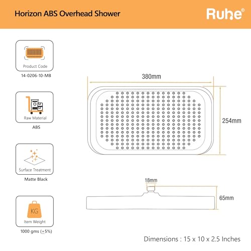 Image of Ruhe Horizon Overhead Shower (15 x 10 Inches) | Rainfall Showerhead | Easy Install | Luxury Spa Experience, Matte Finish
