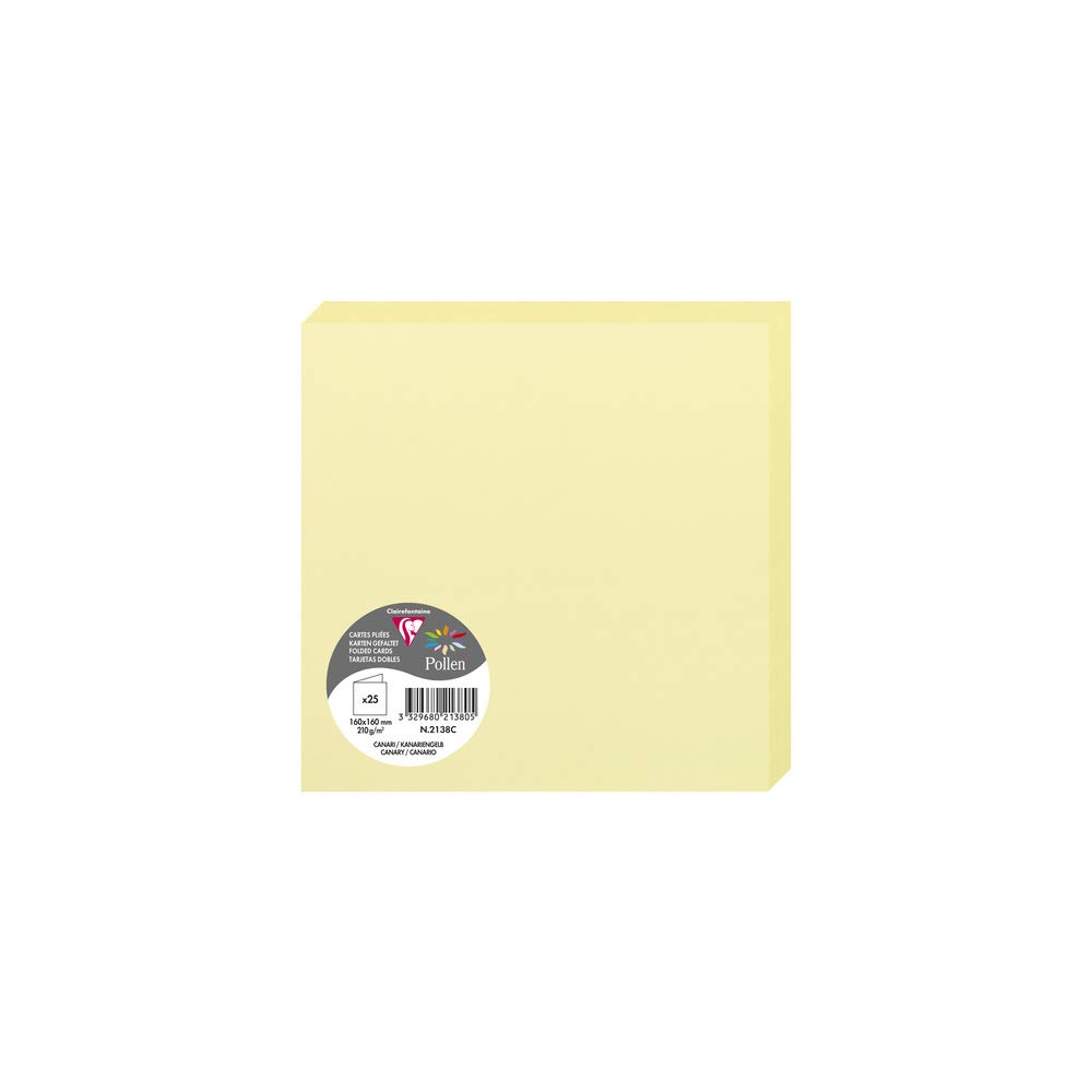 Clairefontaine 2138C Pack of 25 Double Cards Square format 16x16cm 210g/m² Canary colour Invitation and Correspondence Cards Pollen range Smooth Premium Paper