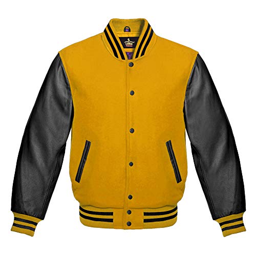 Men's Varsity Baseball Letterman Bomber Wool & Genuine Black Leather Sleeves Jacket