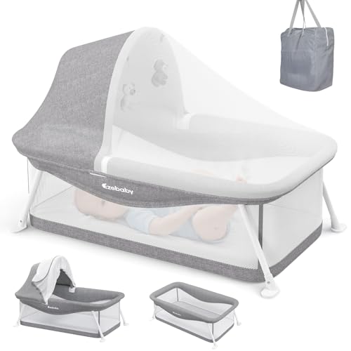 Ezebaby Cuna de Viaje para Bebé Plegable Colecho con Mosquitera,Juguete Cuna Transpirable para Interior Exterior 80x40x24cm (Gris)