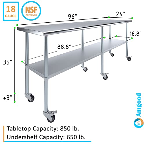 Image of AmGood 96 inch Long x 24 inch Deep Stainless Steel Table with Casters