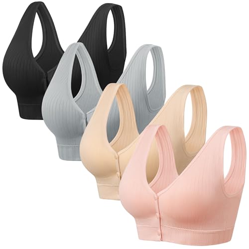 Image of Angelhood Front Close Wireless Bras for Women, Smoothing Padded Bralette, Comfortable Snap Closing Bras, 4 Pack