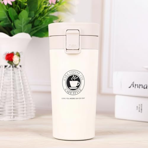 Jmax Insulated Stainless Steel Coffee Mug 400ml | Double Wall Vacuum Travel Cup | Leak-Proof Lid | BPA-Free | Non-Slip Base | Portable Coffee Tumbler with Strap (White)