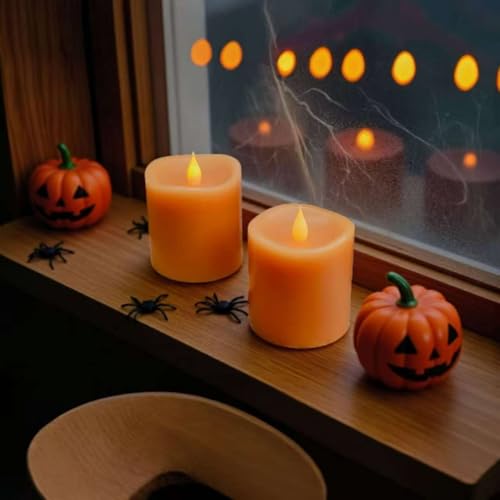 Image of Fall Flameless LED Candles 3 inch Diameter Real Wax 2AA Battery Operated 600hr+ Flickering Candles with Timer Remote Control for Halloween Thanksgiving Christmas Indoor (Orange, 3″x3″- 2 PCS)
