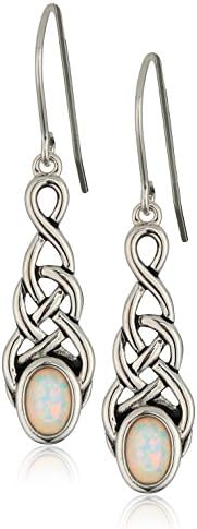 Amazon Collection Sterling Silver Created Opal Celtic Knot Linear Drop Earrings, White
