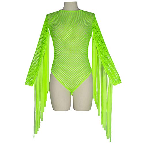 ANKOMINA body feminino sexy arrastão borla manga comprida macacão festa festival dança clube, Neon G