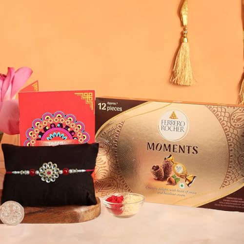 Image of Frostick Designer Rakhi With Chocolate Gift For Bhaiya /Bhai /Brother With Greeting Card, Tilak Chawal And Silver coin (Ferero Moments, Pack of 1) (Random Design Rakhi),150 G